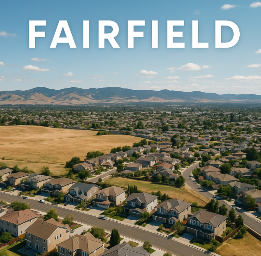 Aerial view of a suburban neighborhood in Fairfield, with rows of houses and streets. Rolling hills under a clear blue sky in the background convey tranquility.