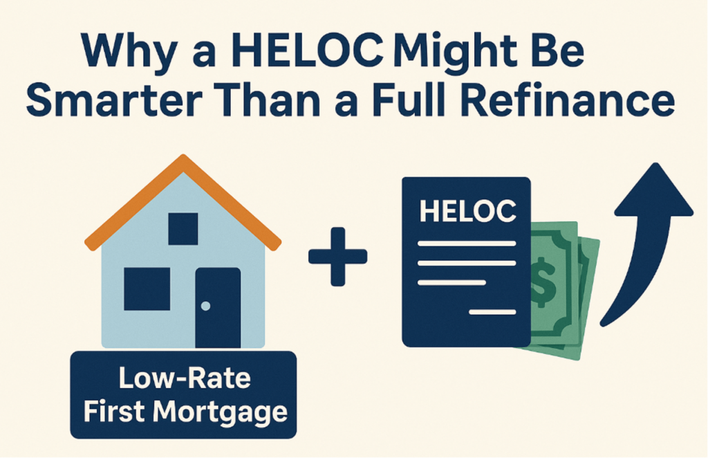 Alt text: "Infographic titled 'Why a HELOC Might Be Smarter Than a Full Refinance' shows a house labeled 'Low-Rate First Mortgage' plus a HELOC document and cash, with an upward arrow, suggesting financial benefits."