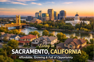 Sunset view of Sacramento, California with city skyline, Tower Bridge, and State Capitol. Text overlay highlights affordability and growth.